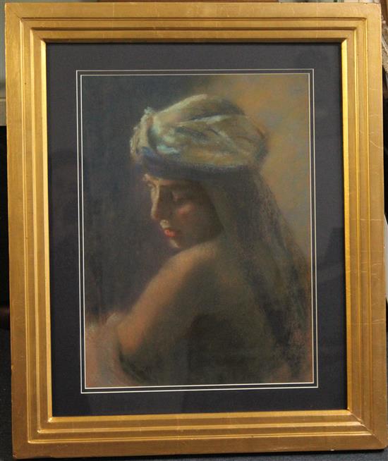 Attributed to Lucien Levy-Dhurmer (1865-1953) Portrait of an Arab girl, 17 x 12.5in.